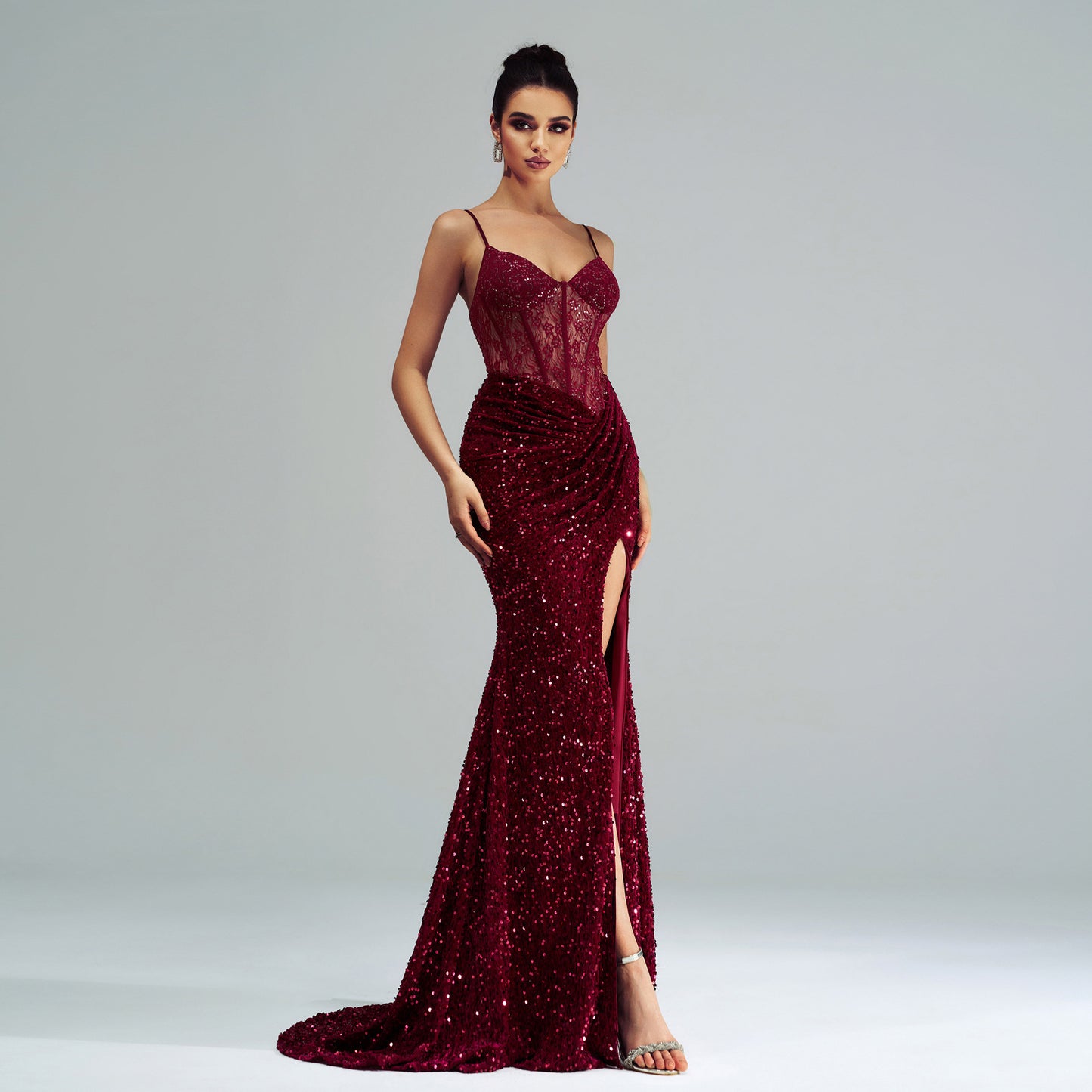 Sequined Spaghetti Strap High-Slit Evening Dress