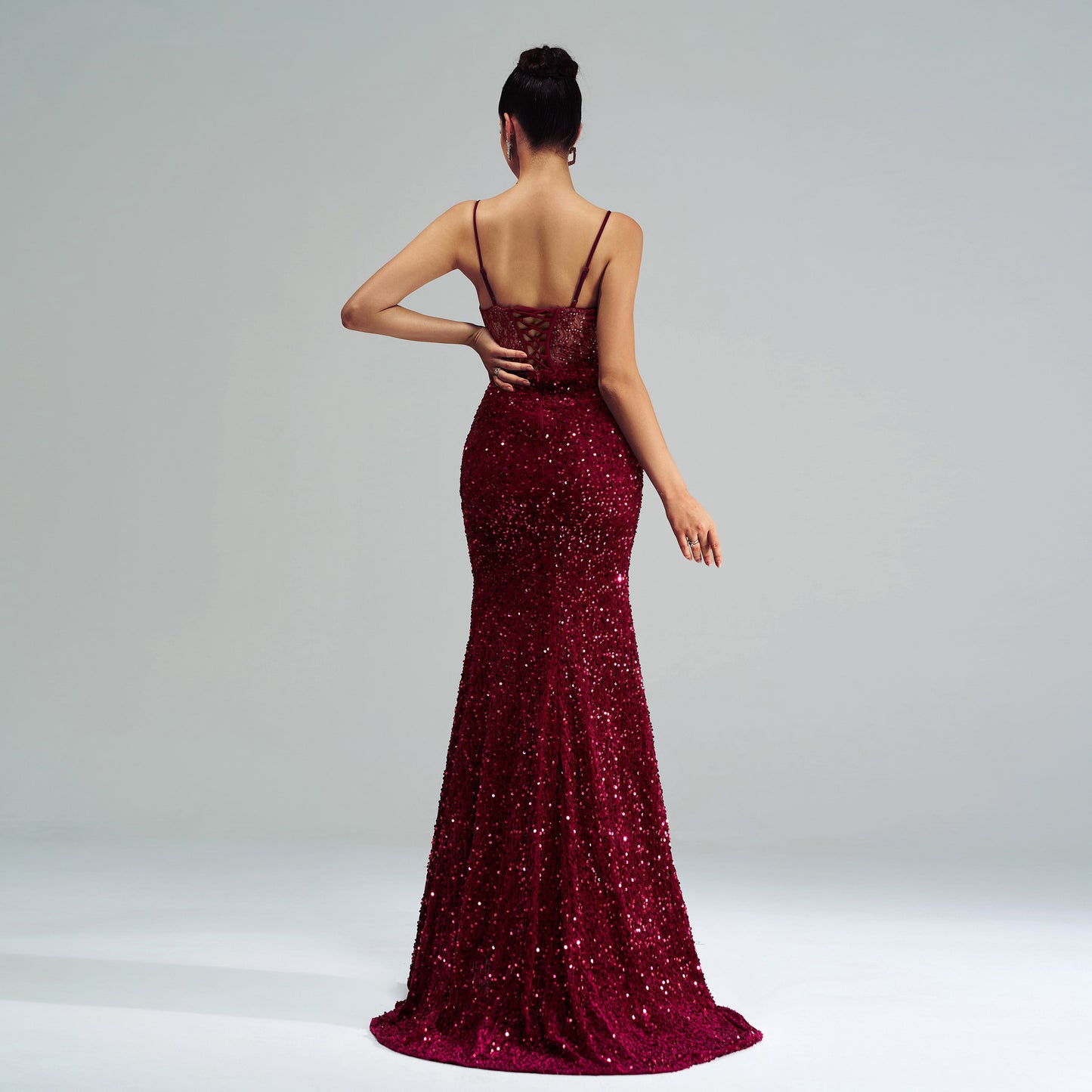 Sequined Spaghetti Strap High-Slit Evening Dress