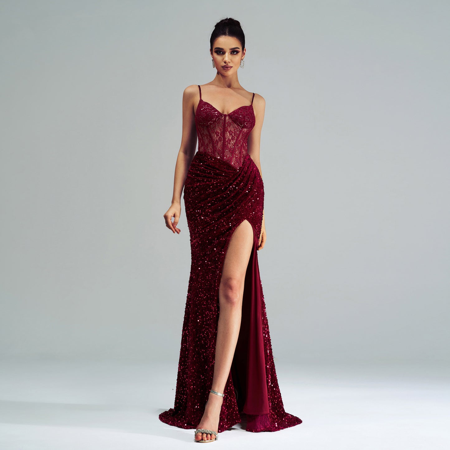 Sequined Spaghetti Strap High-Slit Evening Dress